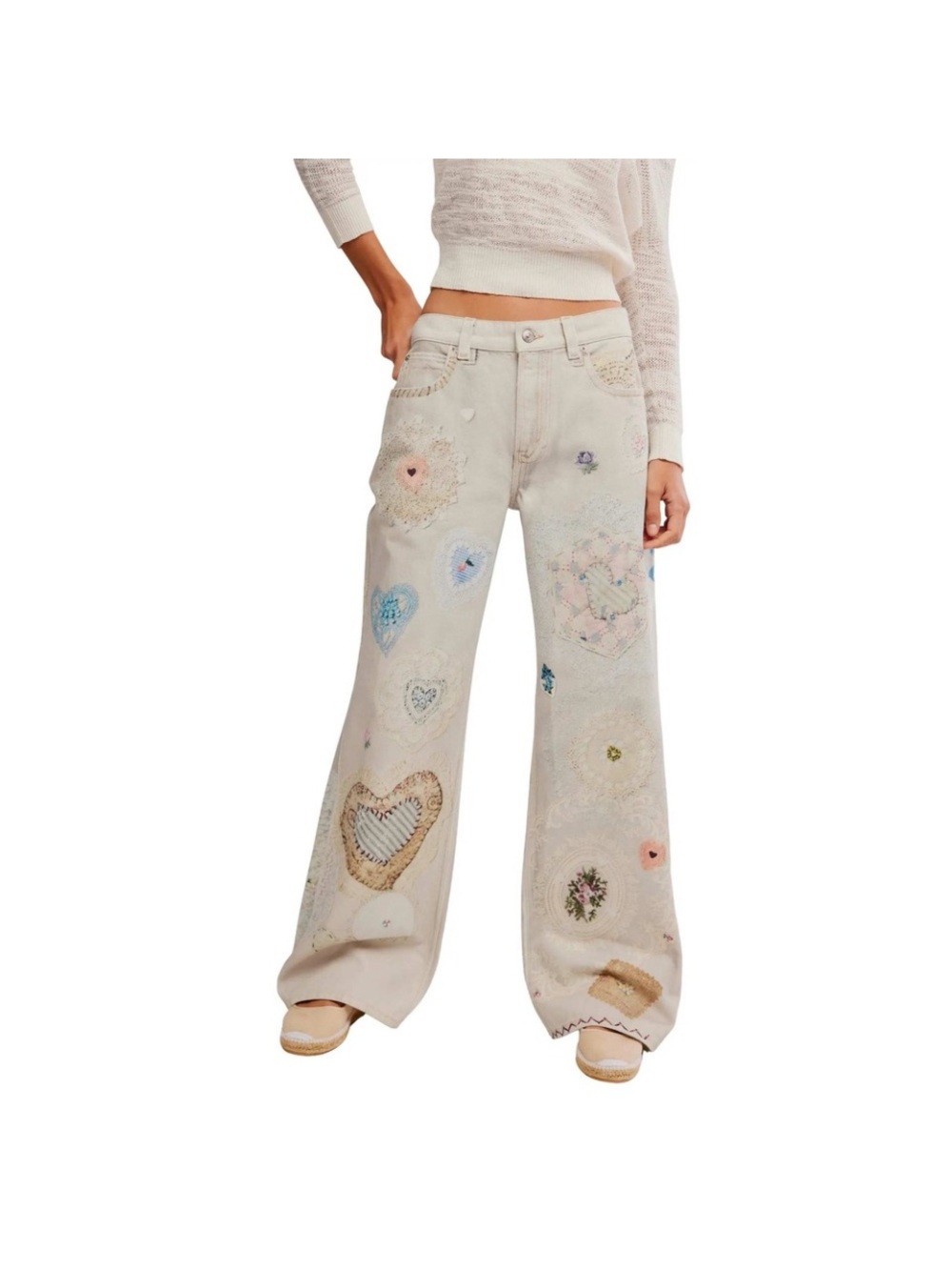 Nwt Free People Illusions Heirloom Patchwork Hearts Straight-Leg Jeans  28